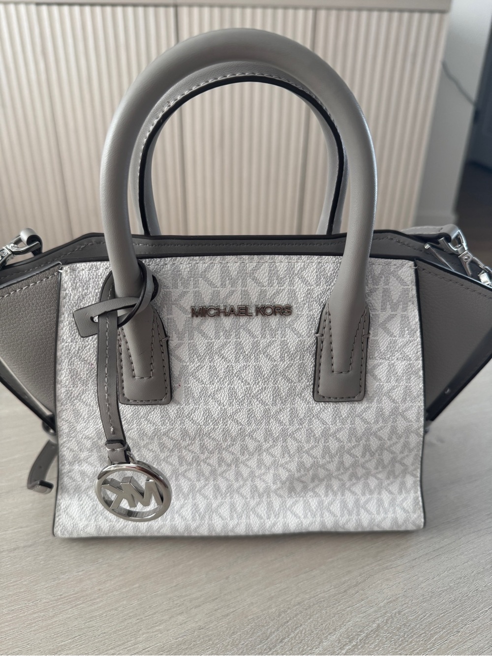 Michael Kors Gray and White Logo Satchel with Silver Charm